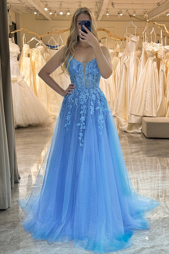 Blue A Line Tulle Long Formal Dress With Appliques