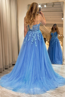 Blue A Line Tulle Long Formal Dress With Appliques