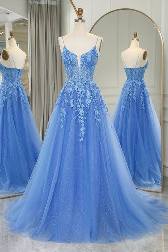 Blue A Line Tulle Long Formal Dress With Appliques