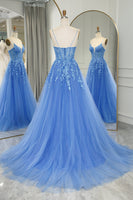 Load image into Gallery viewer, Blue A Line Tulle Long Formal Dress With Appliques