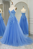 Load image into Gallery viewer, Blue A Line Tulle Long Formal Dress With Appliques