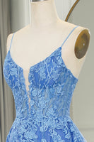 Load image into Gallery viewer, Blue A Line Tulle Long Formal Dress With Appliques