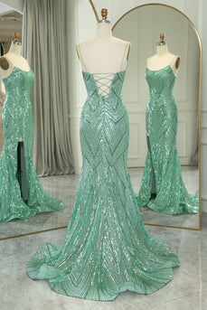 Glitter Green Mermaid Long Formal Dress With Slit