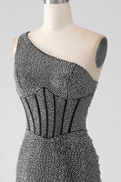 Load image into Gallery viewer, Sparkly Black Mermaid One Shoulder Corset Formal Dress