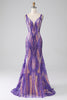 Load image into Gallery viewer, Dark Purple Mermaid V Neck Sequins Long Formal Dress