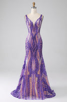 Load image into Gallery viewer, Dark Purple Mermaid V Neck Sequins Long Formal Dress