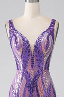 Load image into Gallery viewer, Dark Purple Mermaid V Neck Sequins Long Formal Dress