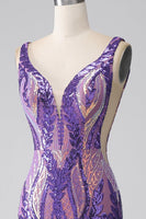 Load image into Gallery viewer, Dark Purple Mermaid V Neck Sequins Long Formal Dress