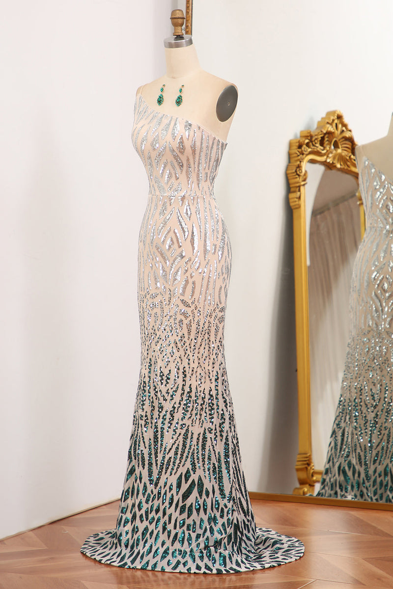 Load image into Gallery viewer, Glitter Dark Green Mermaid One Shoulder Long Formal Dress With Sequins