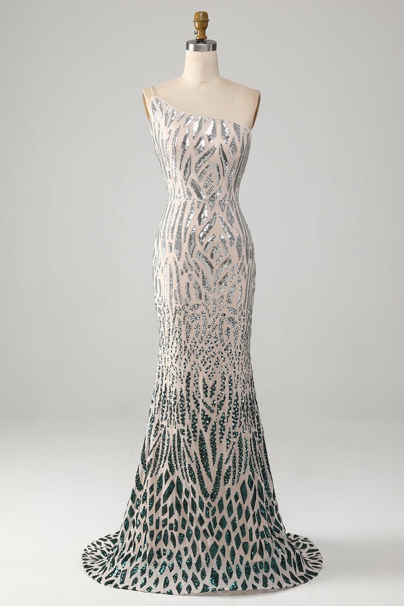 Load image into Gallery viewer, Sparkly Mermaid One Shoulder Dark Green Sequins Long Formal Dress