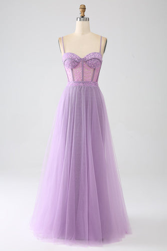 A-Line Lilac Spaghetti Straps Long Corset Formal Dress