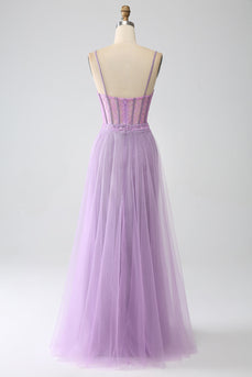 A-Line Lilac Spaghetti Straps Long Corset Formal Dress