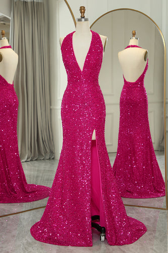 Sparkly Fuchsia Beaded Mermaid V Neck Backless Long Formal Dress With Slit