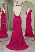 Load image into Gallery viewer, Sparkly Fuchsia Beaded Mermaid V Neck Backless Long Formal Dress With Slit