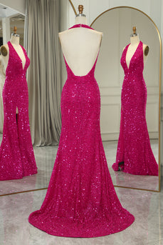 Sparkly Fuchsia Beaded Mermaid V Neck Backless Long Formal Dress With Slit