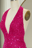 Load image into Gallery viewer, Sparkly Fuchsia Beaded Mermaid V Neck Backless Long Formal Dress With Slit