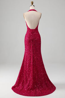 Fuchsia Mermaid Halter Sequin Formal Dress With Slit