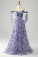 Load image into Gallery viewer, A-Line Lavender Printed Adjustable Straps Long Formal Dress
