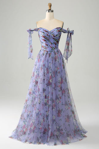 A-Line Lavender Printed Adjustable Straps Long Formal Dress