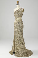 Load image into Gallery viewer, Golden One Shoulder Fringe Sequin Formal Dress With Slit