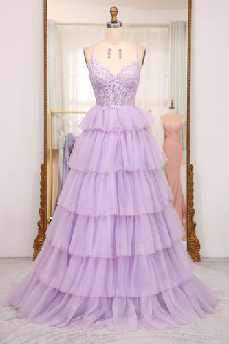 Elegant Lilac A Line Tiered Long Corset Formal Dress With Appliques