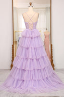 Load image into Gallery viewer, Elegant Lilac A Line Tiered Long Corset Formal Dress With Appliques