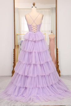 Elegant Lilac A Line Tiered Long Corset Formal Dress With Appliques