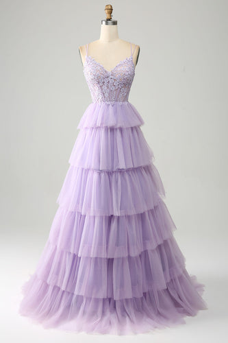 Lilac Tulle Tiered Princess Corset Formal Dress with Appliques