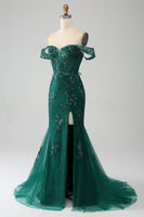 Load image into Gallery viewer, Mermaid Off The Shoulder Dark Green Formal Dress with Appliques