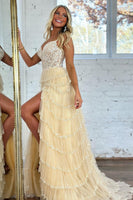 Load image into Gallery viewer, Glitter Beige Corset Tiered Long Tulle Formal Dress with Slit