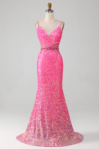 Hot Pink Spaghetti Straps Glitter Mermaid Formal Dress with Beading Waist