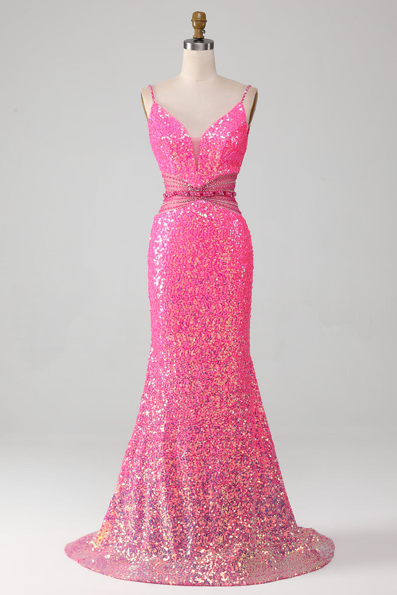 Load image into Gallery viewer, Hot Pink Spaghetti Straps Glitter Mermaid Formal Dress with Beading Waist