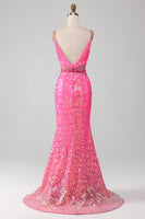 Load image into Gallery viewer, Hot Pink Spaghetti Straps Glitter Mermaid Formal Dress with Beading Waist