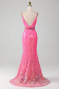 Hot Pink Spaghetti Straps Glitter Mermaid Formal Dress with Beading Waist