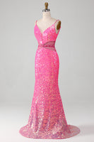Load image into Gallery viewer, Hot Pink Spaghetti Straps Glitter Mermaid Formal Dress with Beading Waist