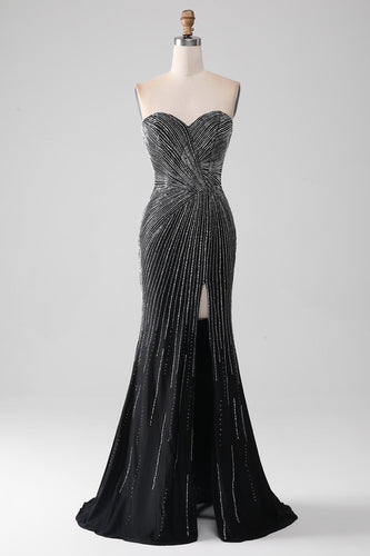 Black Glitter Strapless Mermaid Formal Dress with Slit