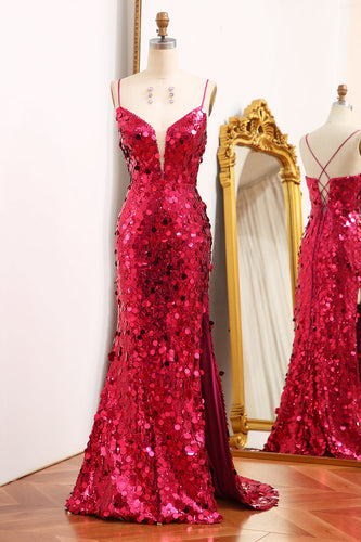 Sparkly Fuchsia Sequins Mermaid Long Formal Dress With Slit