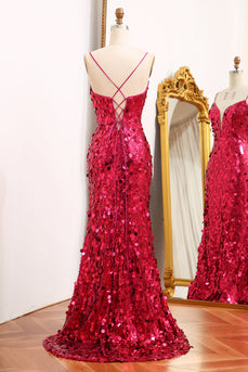 Sparkly Fuchsia Sequins Mermaid Long Formal Dress With Slit