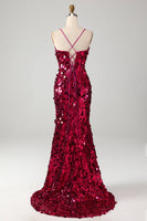 Load image into Gallery viewer, Sparkly Mermaid Spaghetti Straps Fuchsia Sequins Long Formal Dress with Slit