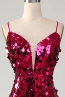 Load image into Gallery viewer, Sparkly Mermaid Spaghetti Straps Fuchsia Sequins Long Formal Dress with Slit