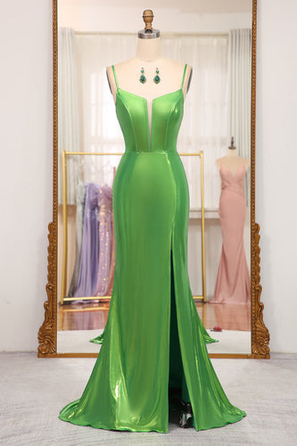 Bright Green Mermaid Spaghetti Straps Long Formal Dress With Slit