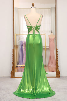 Bright Green Mermaid Spaghetti Straps Long Formal Dress With Slit