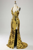 Load image into Gallery viewer, Golden Mermaid Halter Deep V-Neck Backless Mirror Formal Dress With High Slit