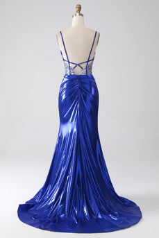 Royal Blue Mermaid Sparkly Sequin Pleated Corset Formal Dress With Slit