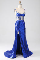 Load image into Gallery viewer, Royal Blue Mermaid Sparkly Sequin Pleated Corset Formal Dress With Slit