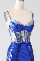 Load image into Gallery viewer, Royal Blue Mermaid Sparkly Sequin Pleated Corset Formal Dress With Slit