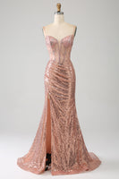 Load image into Gallery viewer, Rose Gold Mermaid Beaded Ruched Sequin Corset Formal Dress With Side Slit