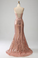 Load image into Gallery viewer, Rose Gold Mermaid Beaded Ruched Sequin Corset Formal Dress With Side Slit