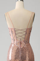 Load image into Gallery viewer, Rose Gold Mermaid Beaded Ruched Sequin Corset Formal Dress With Side Slit