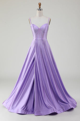 Simple Sparkly Lilac A-Line Side Slit Corset Formal Dresses with Rhinestones